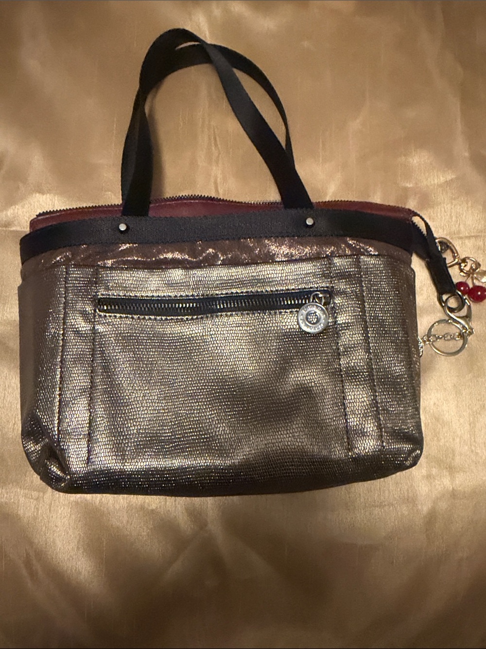 Shimmer Metallic Bronze Tote with Black Handles